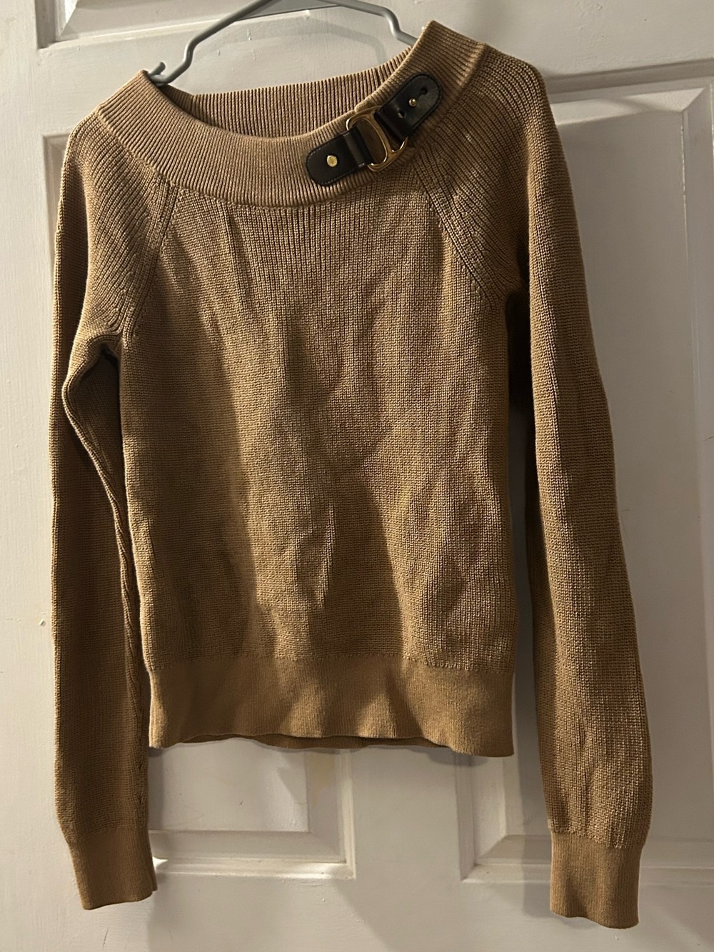 Lauren Ralph Lauren Camel Off-the-Shoulder Sweater with Buckle